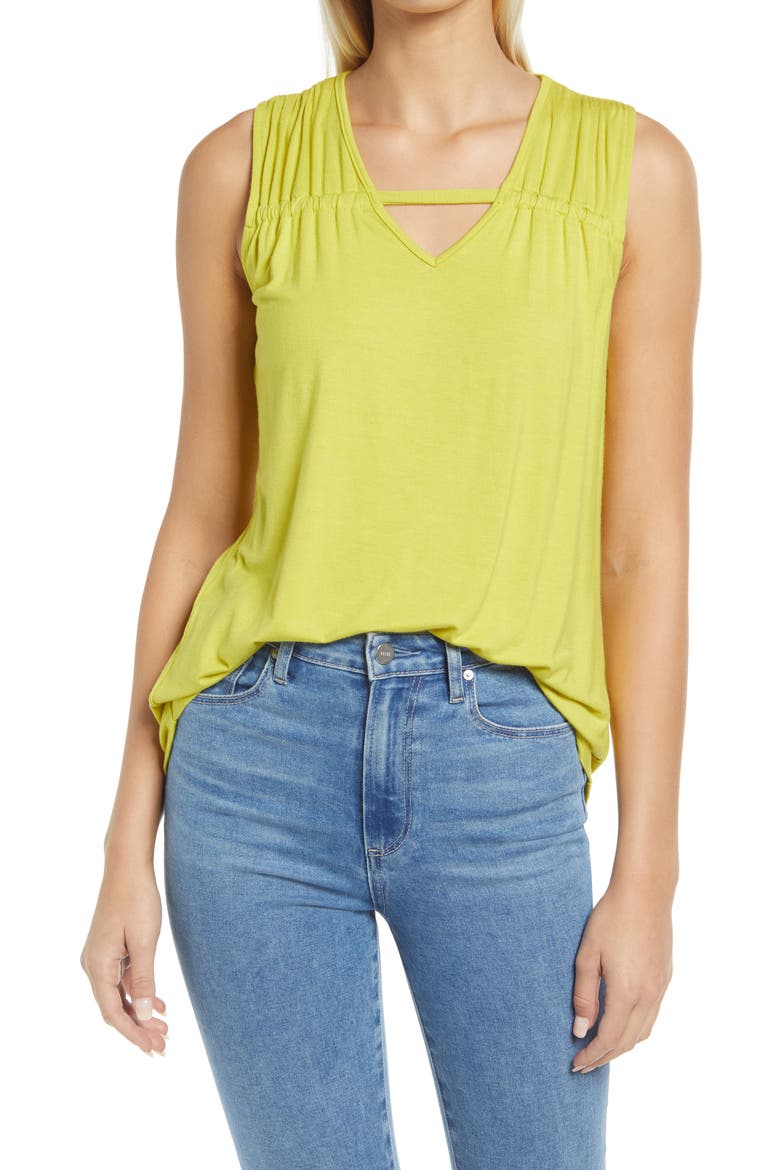 Solid Gathered Shoulder Cutout Tank, Main, color, CITRON