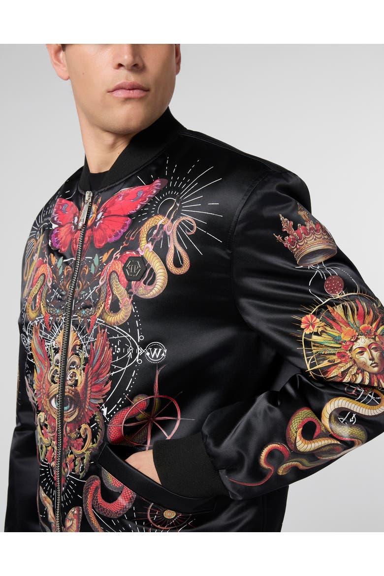 Printed Nylon Bomber Tattoo Men, Alternate, color, black