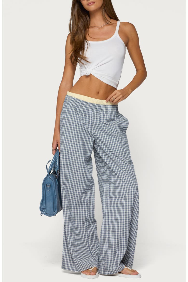 Indya Plaid Pull-On Wide Leg Pants, Alternate, color, NAVY