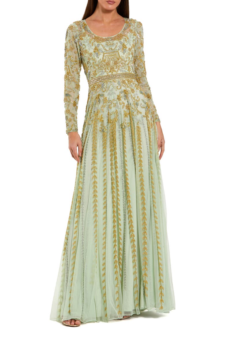 Beaded Mesh Long Sleeve Scoop Neck A Line Gown, Main, color, Light Sage