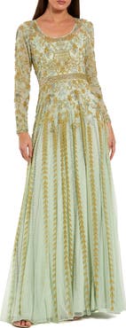 Mac Duggal Beaded Mesh Long Sleeve Scoop Neck A Line Gown