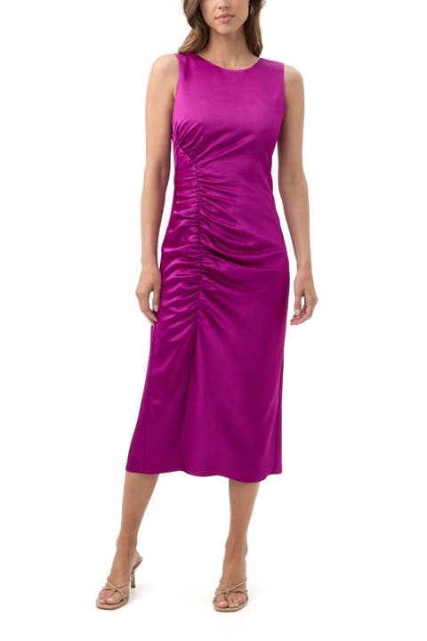 Chestnut Ruched Satin Midi Dress