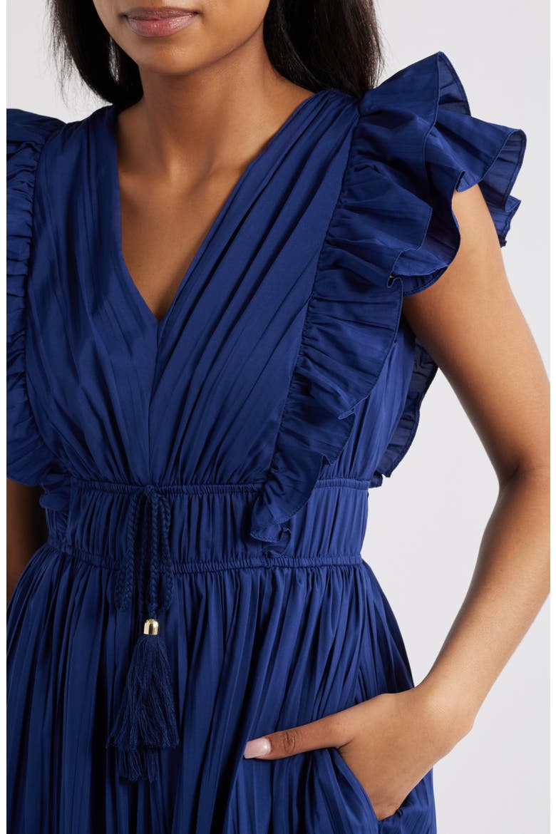 Ruffle Trim Pleat Dress, Alternate, color, NAVY