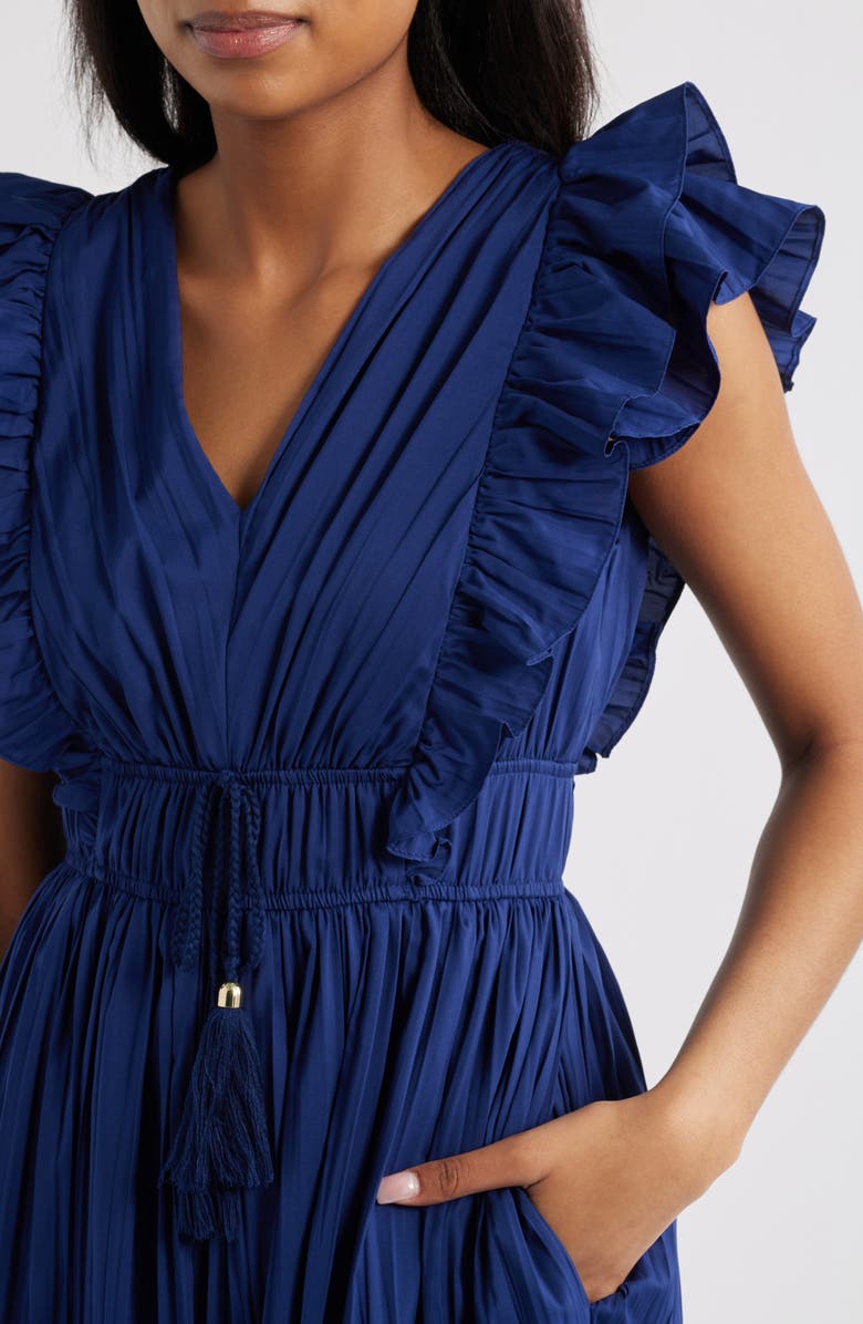 Eliza J Ruffle Trim Pleat Dress, Alternate, color, Navy
