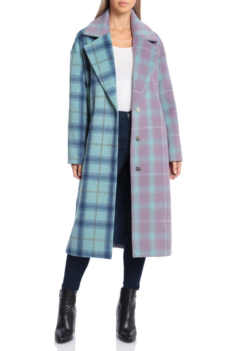 Plaid Blocked Longline Coat, Main, color, SKY BLUE PURPLE MULTI PLAID