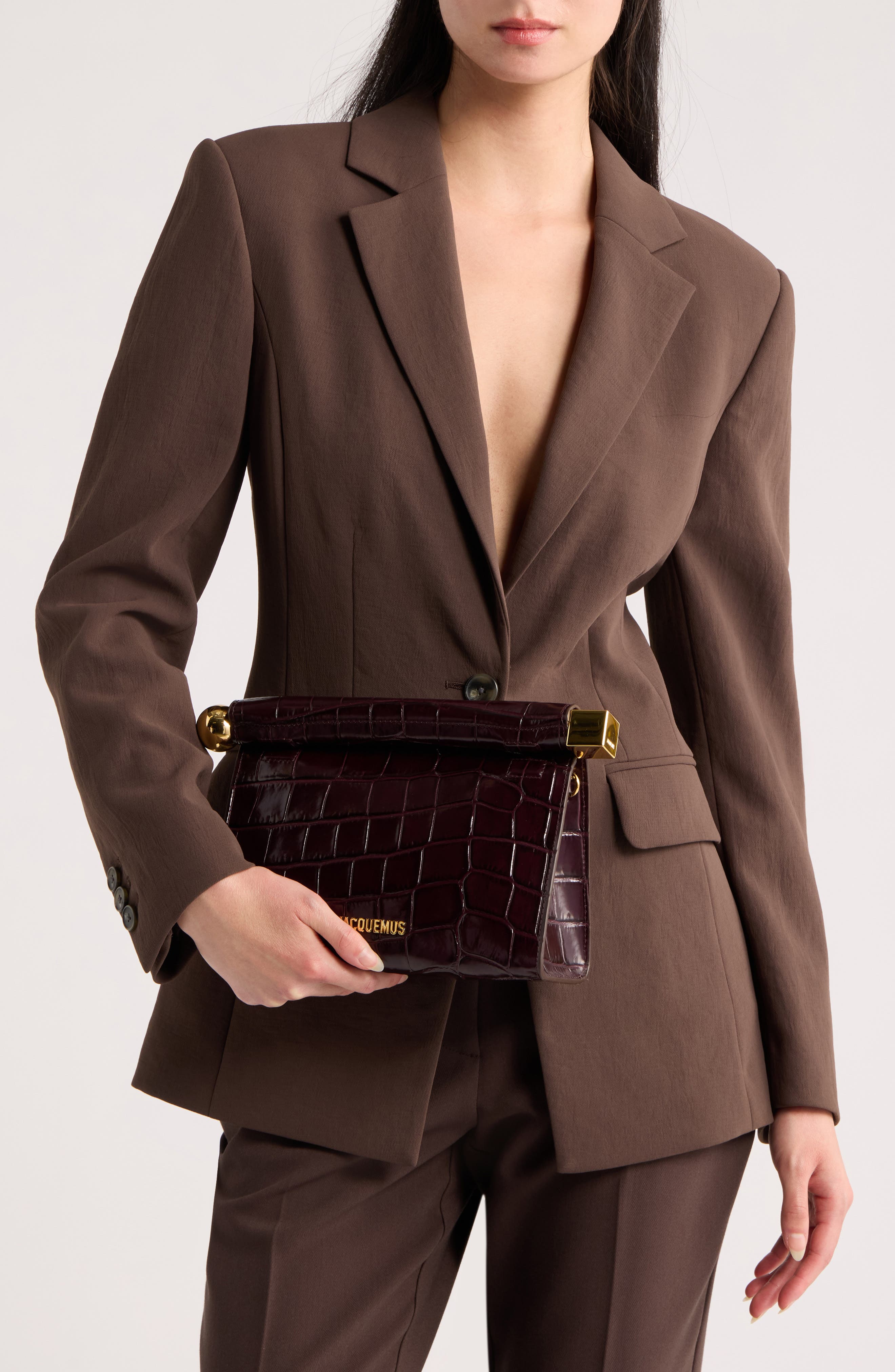Le Sac Rond Carré Croc Embossed Leather Clutch, Alternate, color, DARK BURGUNDY 495
