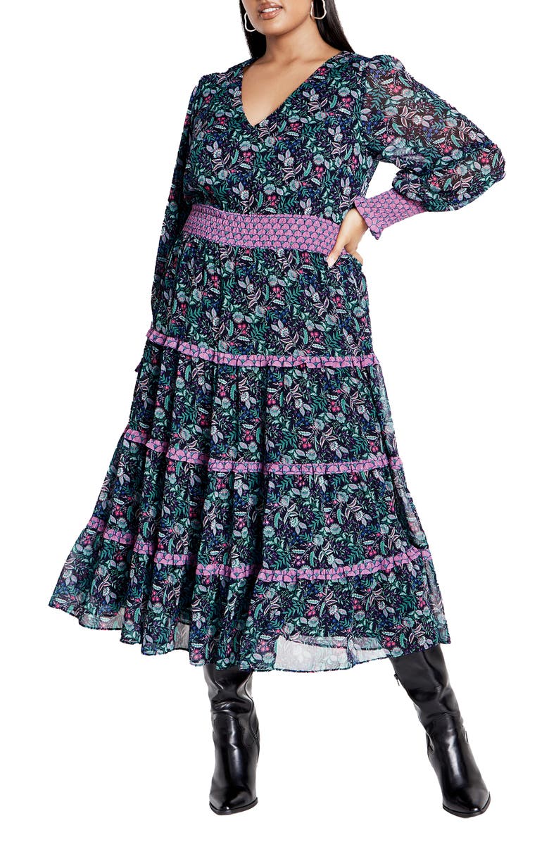 City Chic Gwendolyn Long Sleeve Tiered Dress, Main, color, 