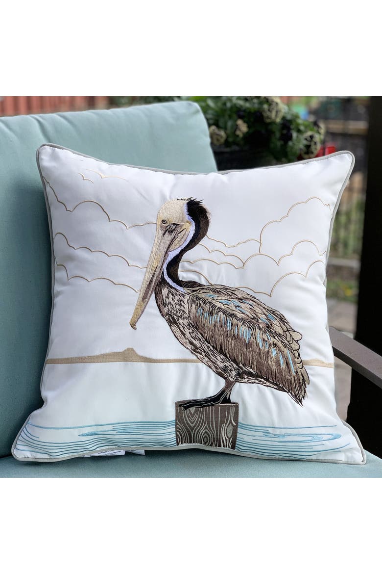 Sunbathing-Brown Pelican Embroidered Indoor/Outdoor Accent Throw Pillow, Alternate, color, Gray