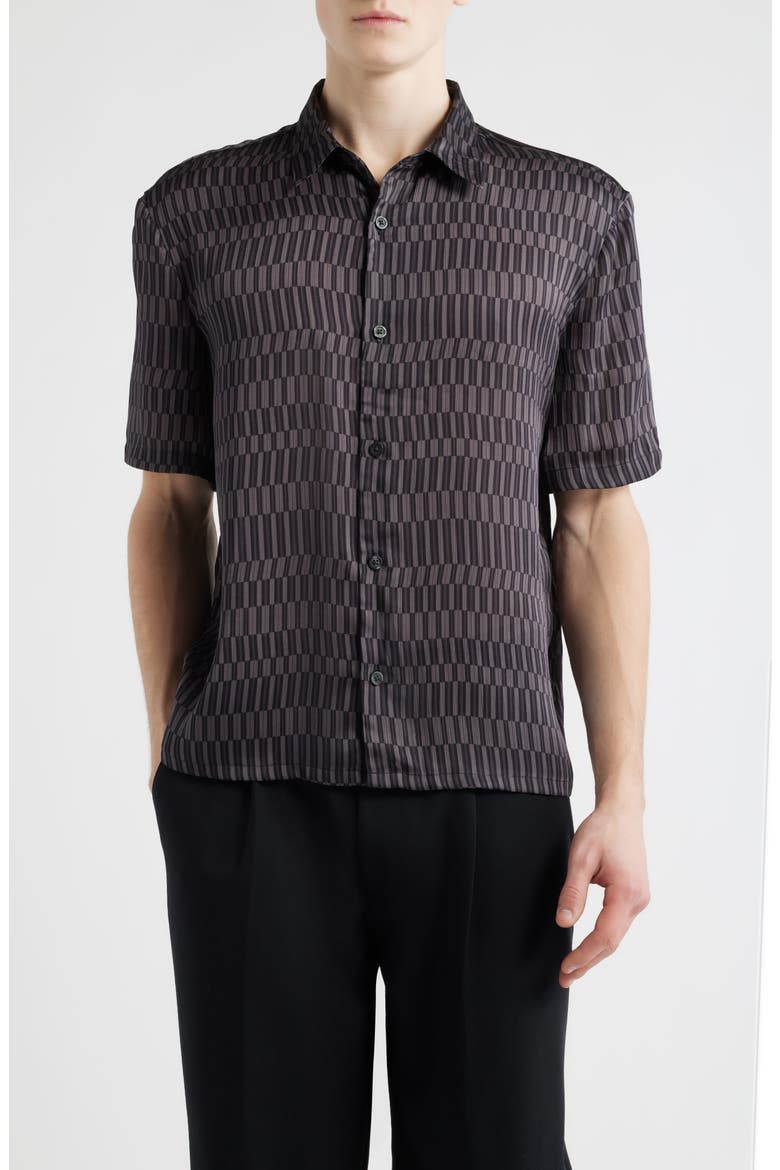 Oversize Geo Print Short Sleeve Button-Up Shirt, Main, color, BLACK ECCENTRIC LINES