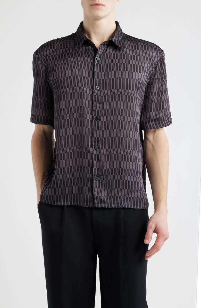 Open Edit Oversize Geo Print Short Sleeve Silk Button-Up Shirt, Main, color, Black Eccentric Lines