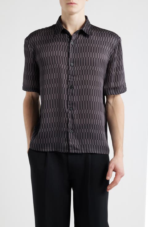 Oversize Geo Print Short Sleeve Silk Button-Up Shirt