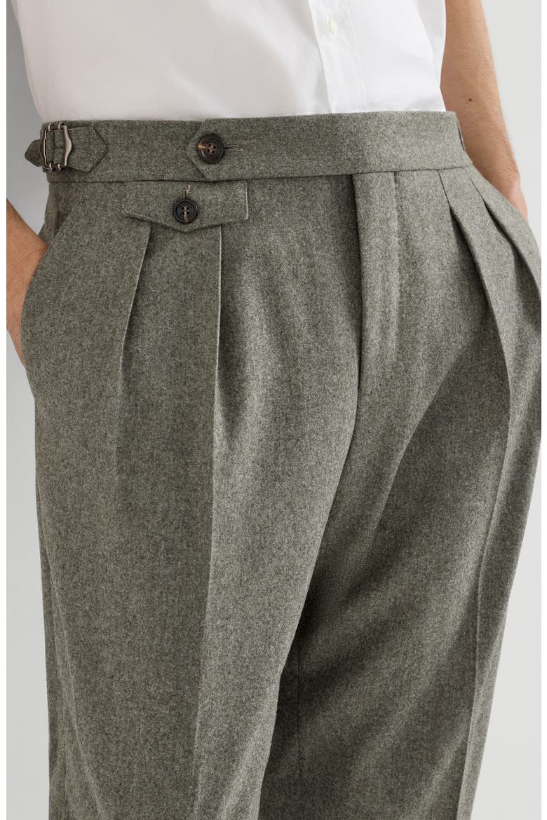 Virgin wool flannel trousers with double pleats and waist tabs, Alternate, color, Military