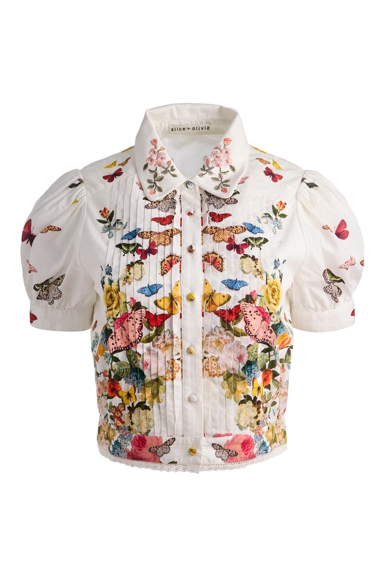 Rosie Butterfly & Floral Print Pleated Cotton Button-Up Shirt, Alternate, color, SOLAR STRENGTH OFF WHITE