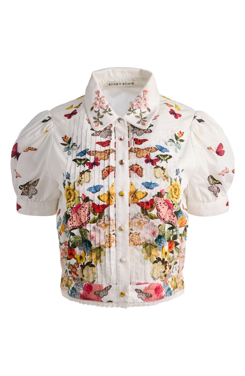 Alice + Olivia Rosie Butterfly & Floral Print Pleated Cotton Button-Up Shirt, Alternate, color, Solar Strength Off White