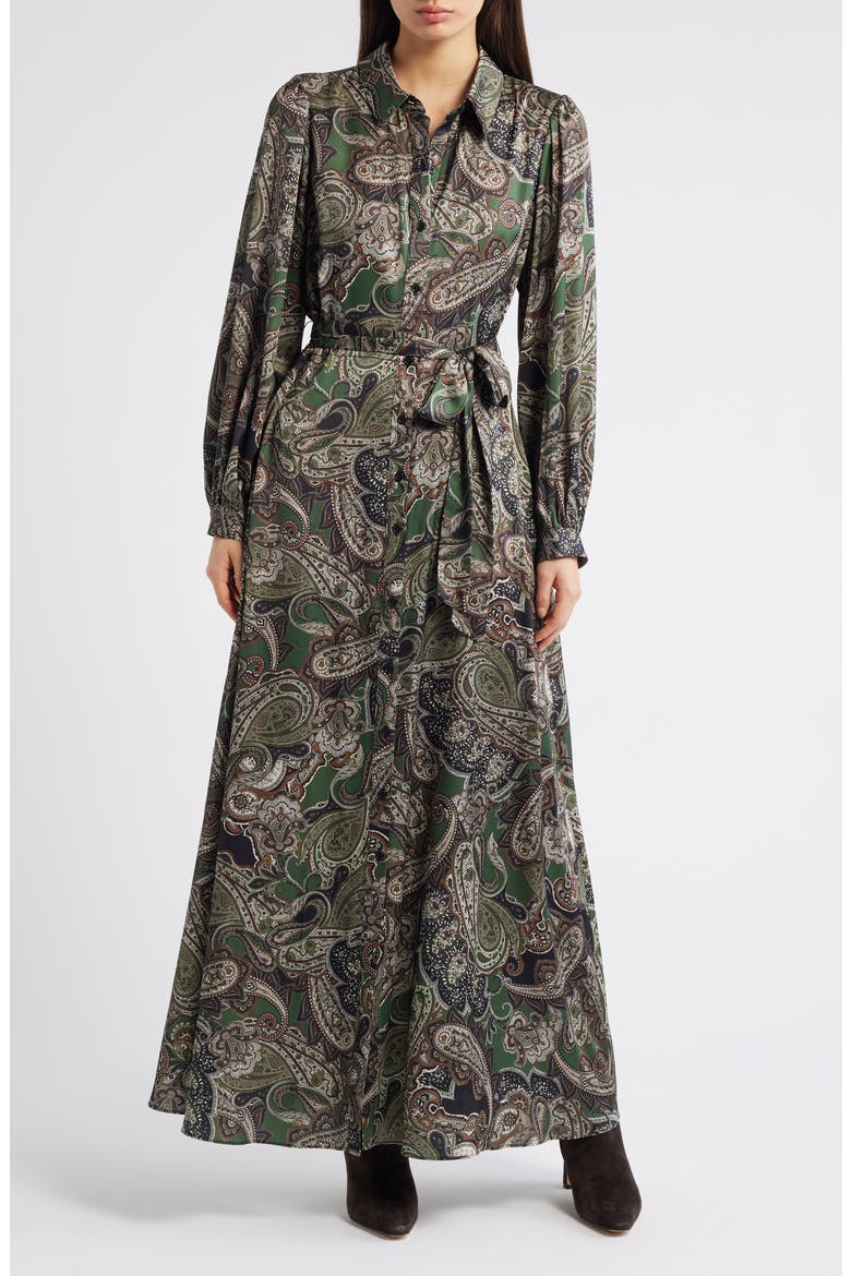 Paisley Long Sleeve Maxi Shirtdress, Main, color, GREEN MULTI