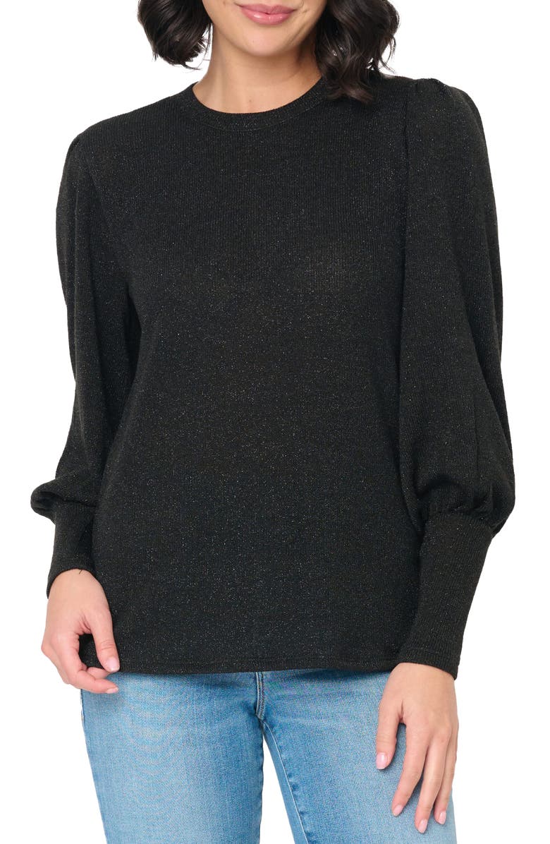 GIBSONLOOK Metallic Blouson Sleeve Crewneck Sweater, Main, color, Black