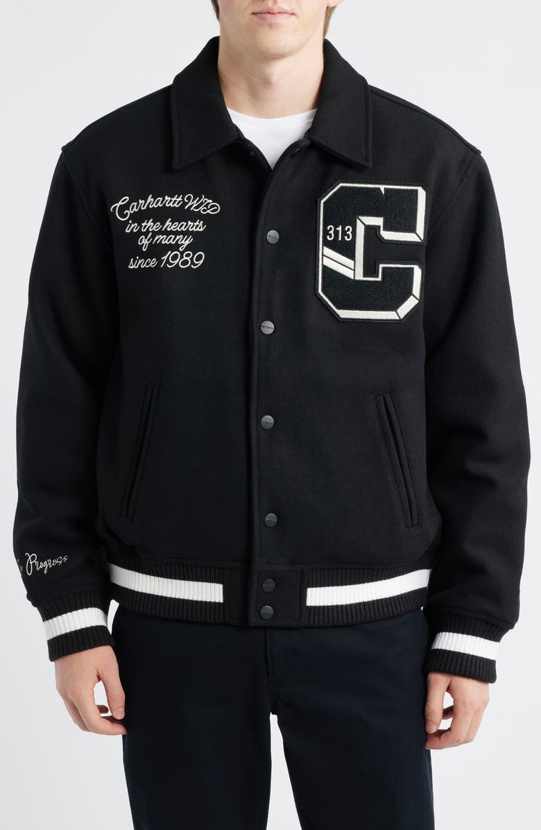 Carhartt Work In Progress World Class Felted Varsity Jacket, Alternate, color, Black