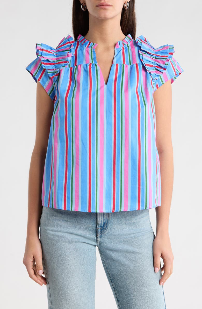 SUGARLIPS Jaimie Stripe Ramona Ruffle Cotton Top, Main, color, Pink-Blue-Green