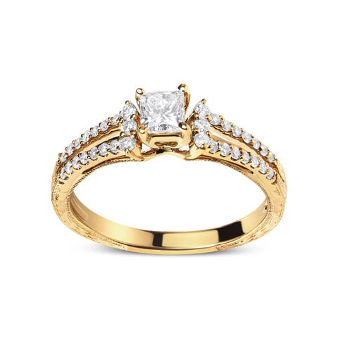 14K Yellow Gold Diamond 5/8 Cttw Diamond Split Shank and Milgrain Engagement Ring