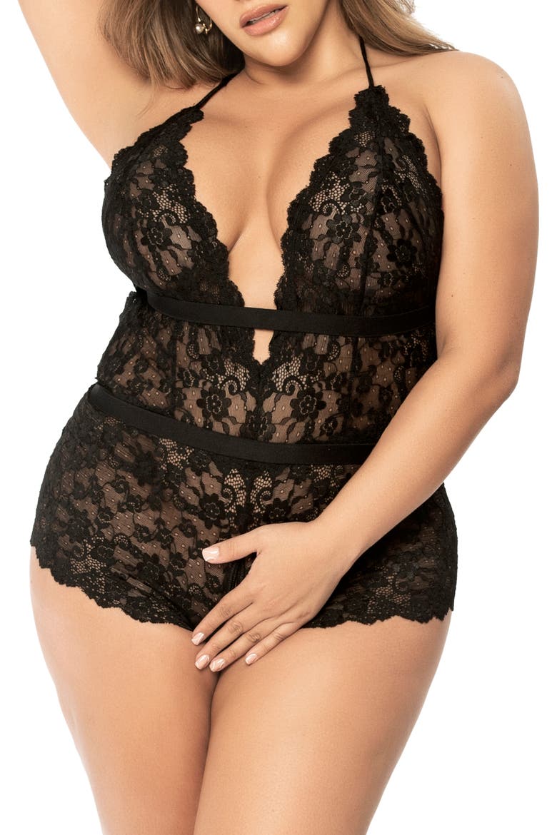 Lace Open Gusset Basque, Main, color, BLACK