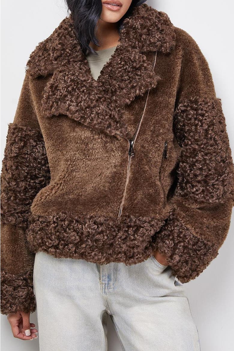 Faux Fur Mix Zip Through Jacket, Alternate, color, Chocolate