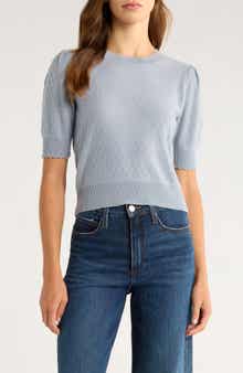 FRAME Puff Sleeve Pointelle Cashmere Sweater