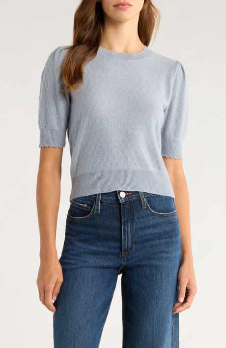 FRAME Puff Sleeve Pointelle Cashmere Sweater