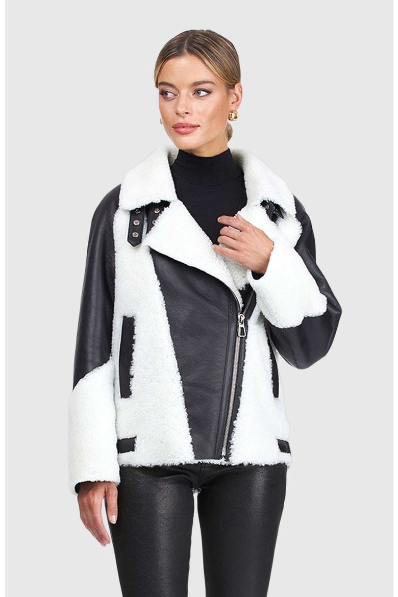 Genuine Shearling  Asymmetrical Zip Jacket, Alternate, color, BLACK/WHITE
