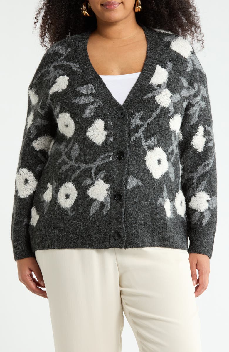 DR2 by Daniel Rainn Floral Jacquard Button Front Cardigan, Main, color, Black