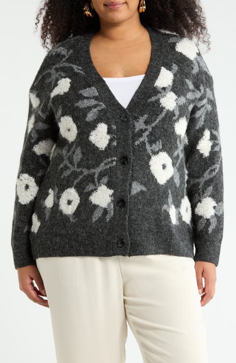 Floral Jacquard Button Front Cardigan (Plus)