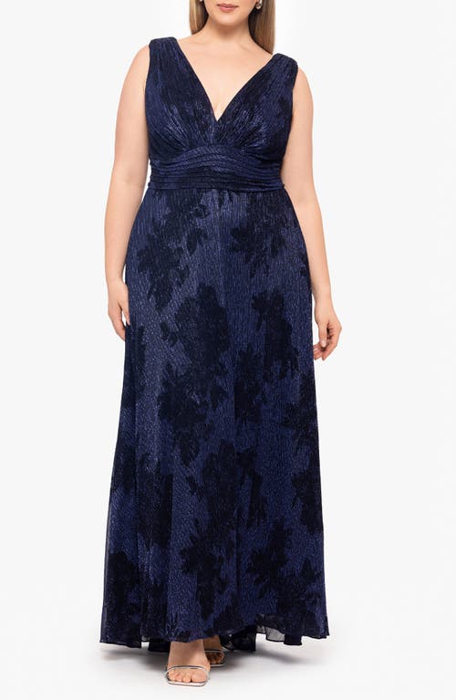 Betsy & Adam Galaxy Floral Metallic Crinkle Gown in Navy/Black 