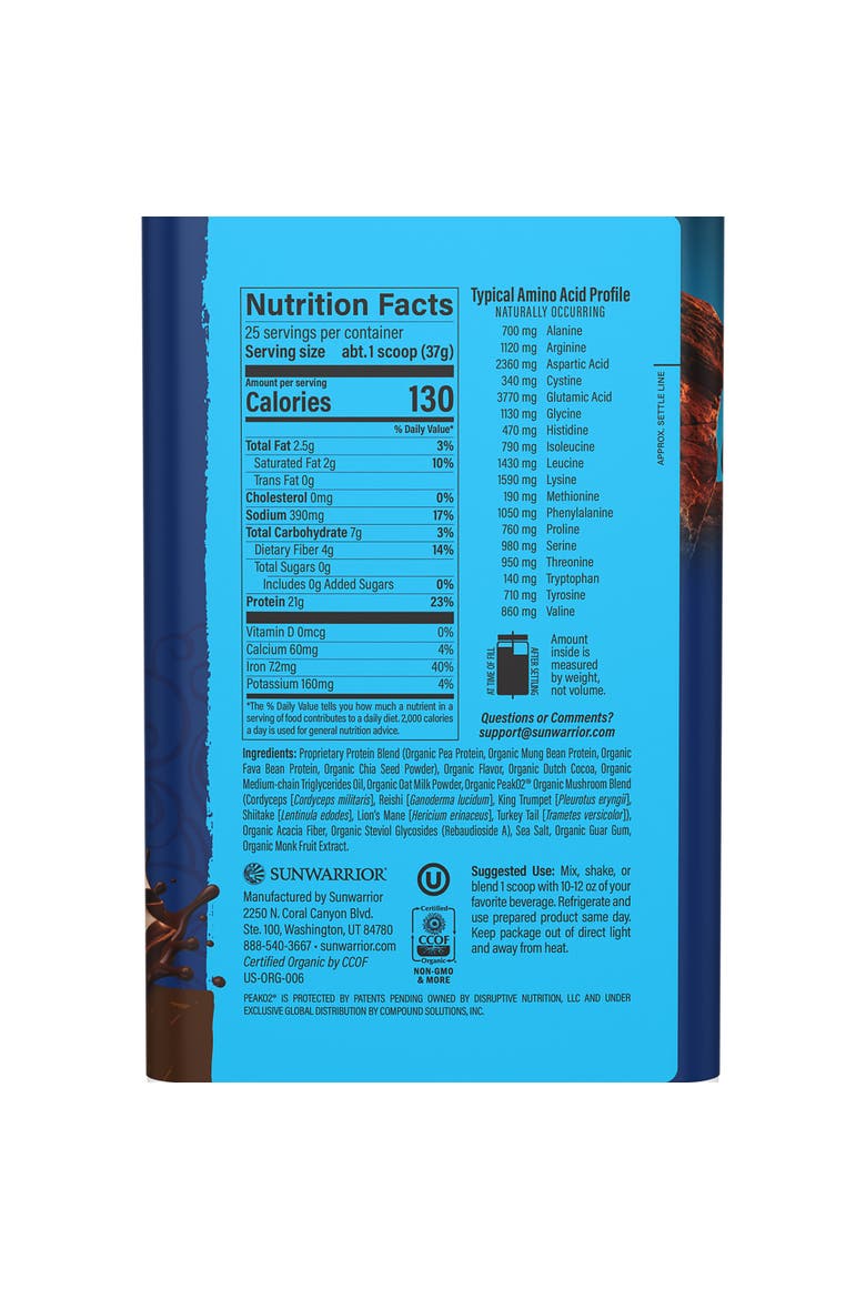 Organic Warrior Blend Endurance + Mushroom Protein Powder, Chocolate, 924.63g Tub, Alternate, color, No Color