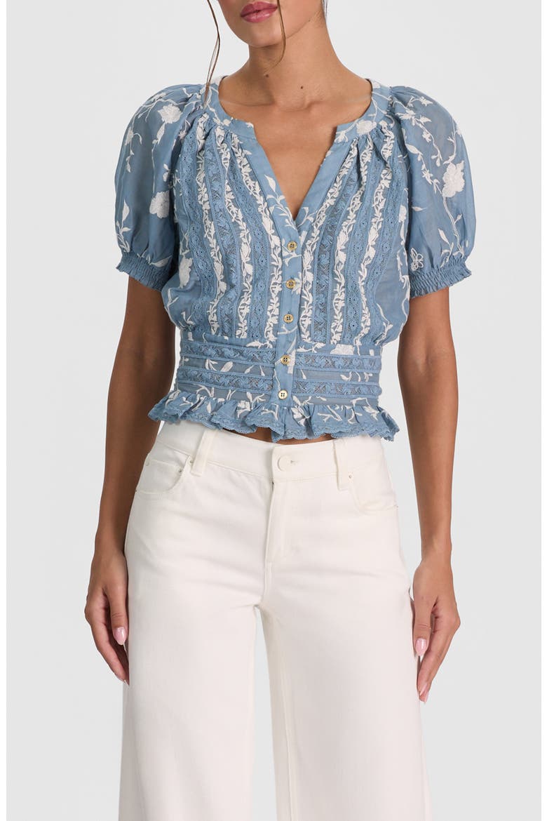 Kathryn Lace & Embroidered Crop Top, Main, color, DEEP DENIM BLUE/ OFF WHITE