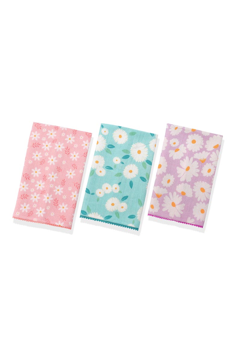 The Meadowland Daisy of 3 Cotton Waffle Kitchen Towels, Main, color, PASTEL PINK/ AQUA