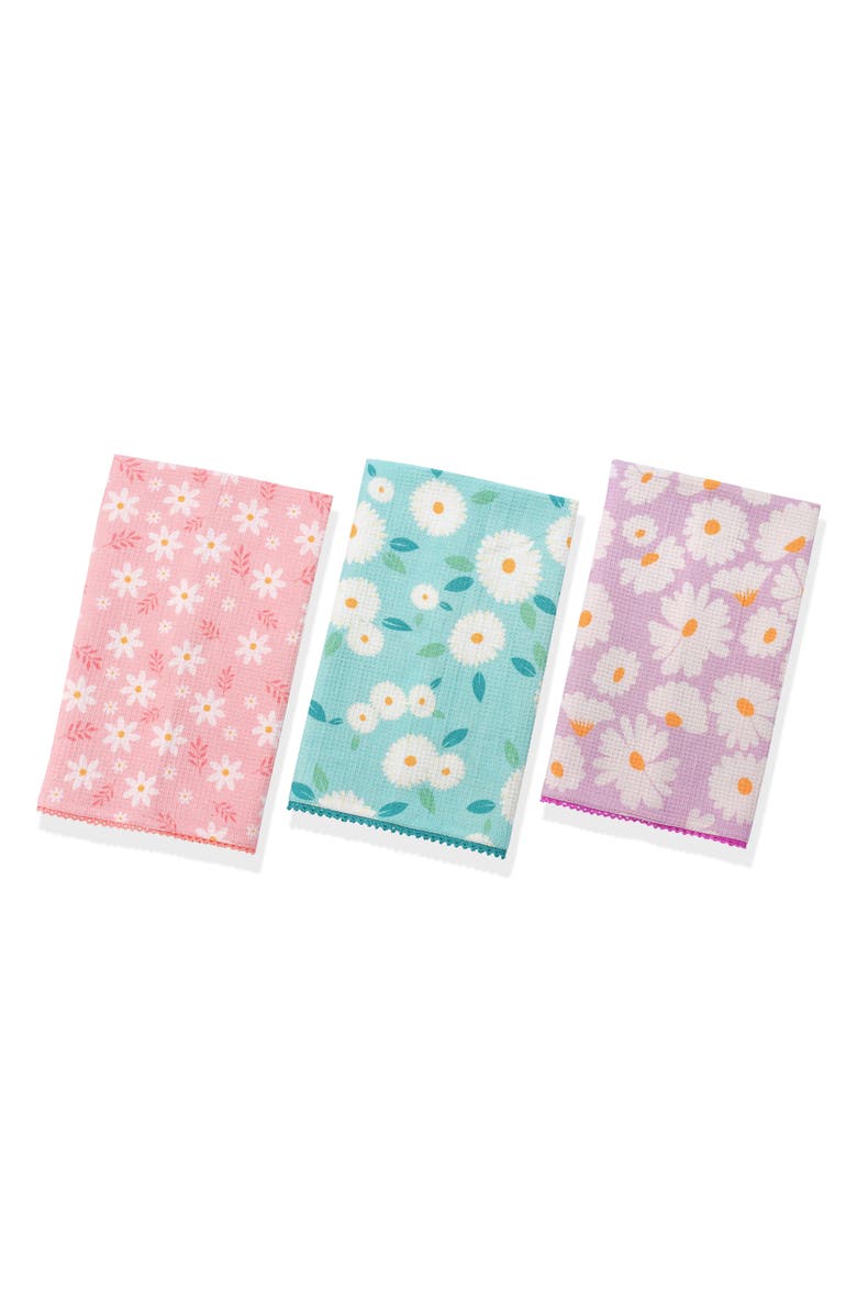 Tiramisu The Meadowland Daisy of 3 Cotton Waffle Kitchen Towels, Main, color, Pastel Pink/ Aqua
