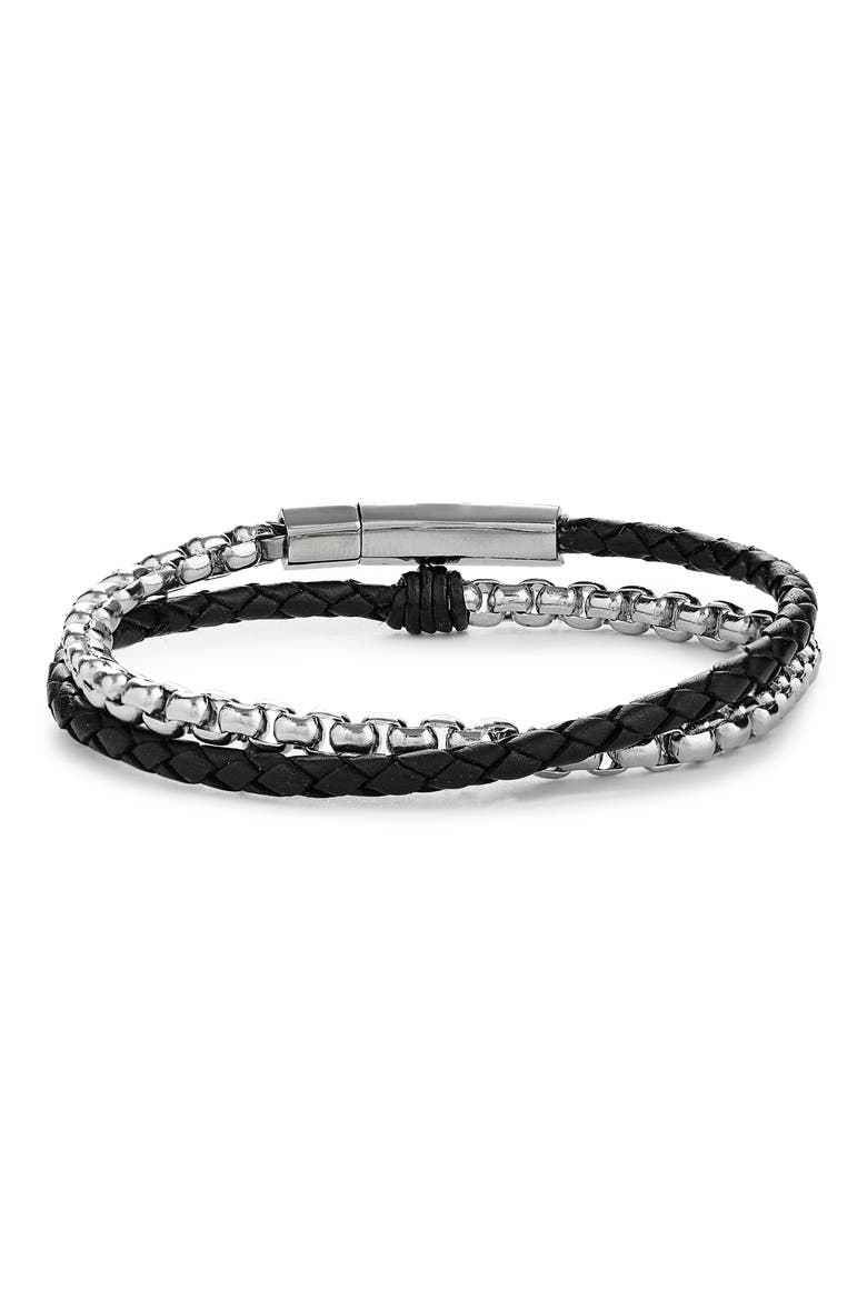 Braided Leather & Chain Double Wrap Bracelet, Main, color, BLACK