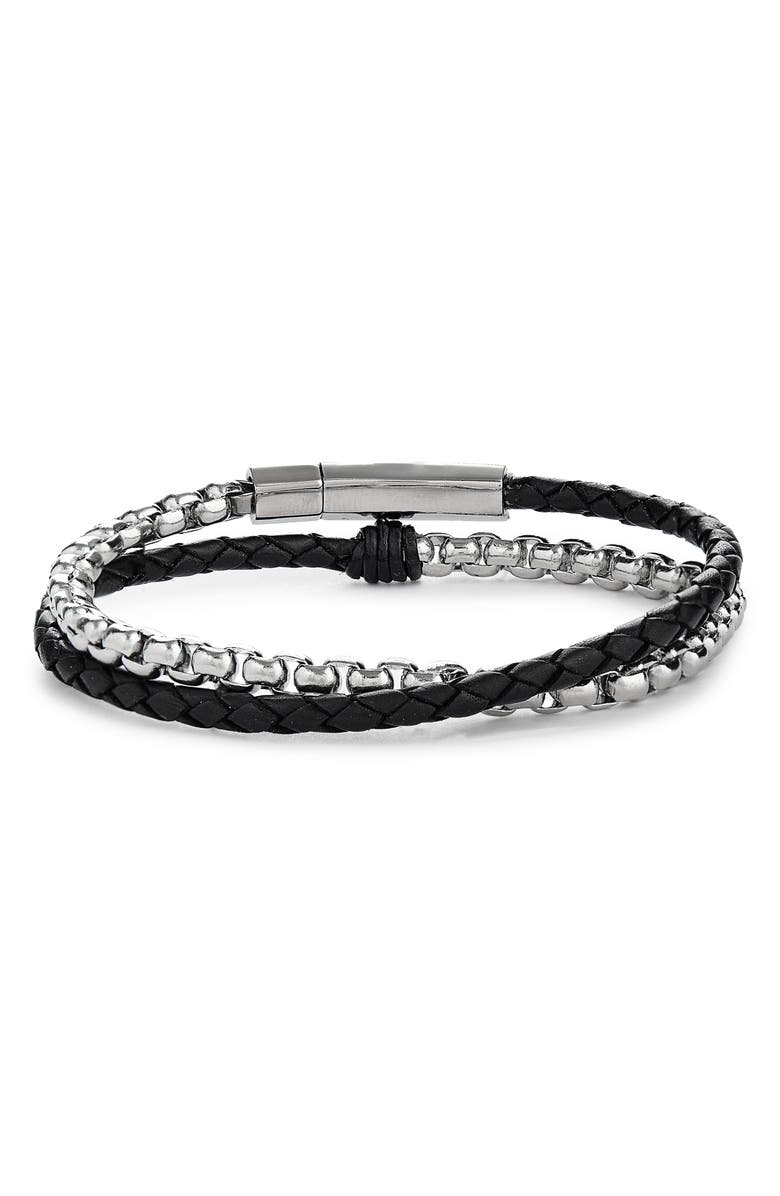 Jonas Studio Braided Leather & Chain Double Wrap Bracelet, Main, color, Black