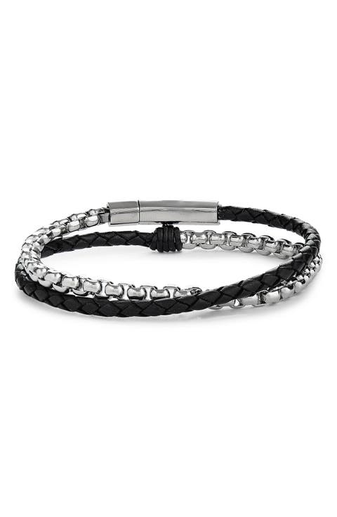 Braided Leather & Chain Double Wrap Bracelet