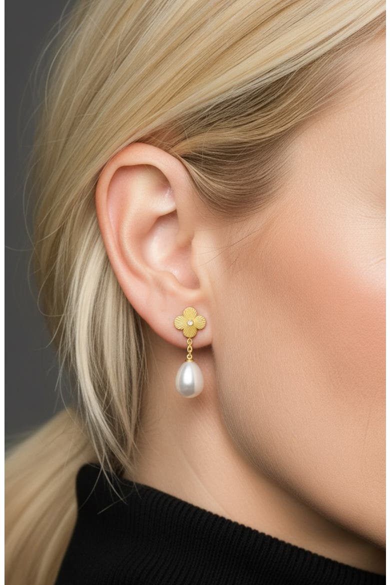 Cubic Zirconia & Faux Pearl Drop Clover Earrings, Alternate, color, GOLD