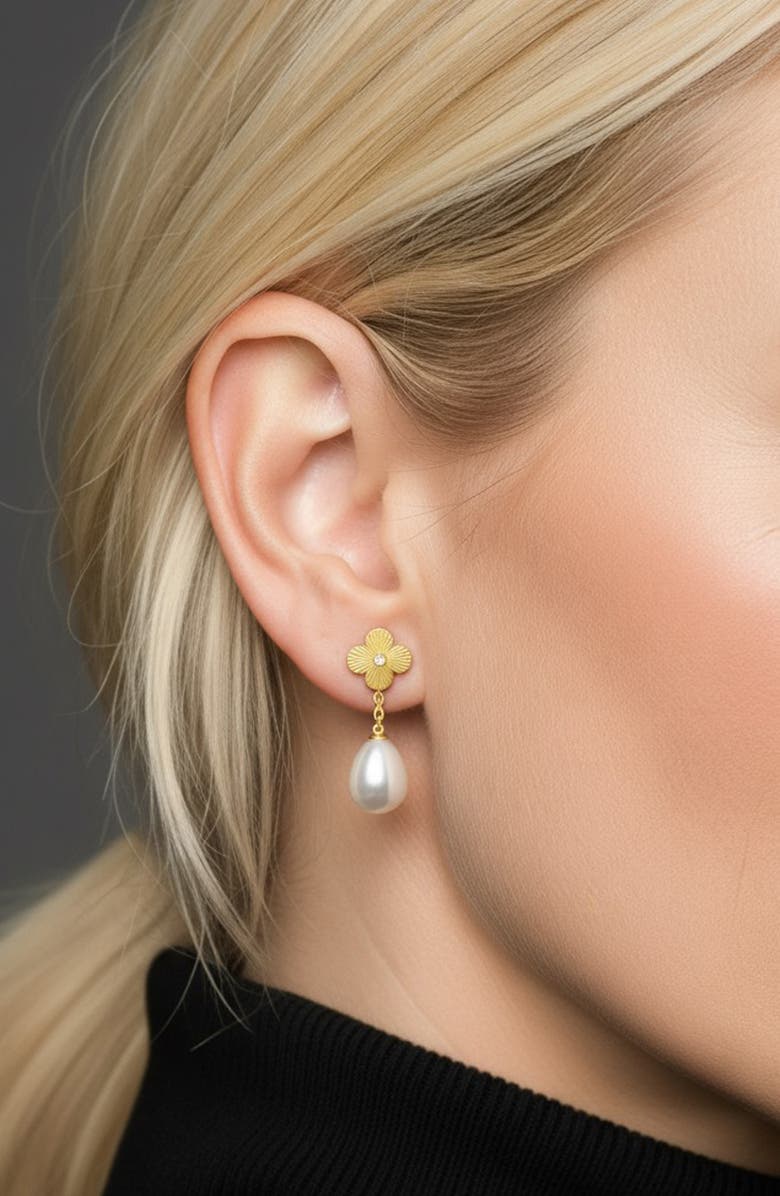 GABI RIELLE Cubic Zirconia & Faux Pearl Drop Clover Earrings, Alternate, color, Gold