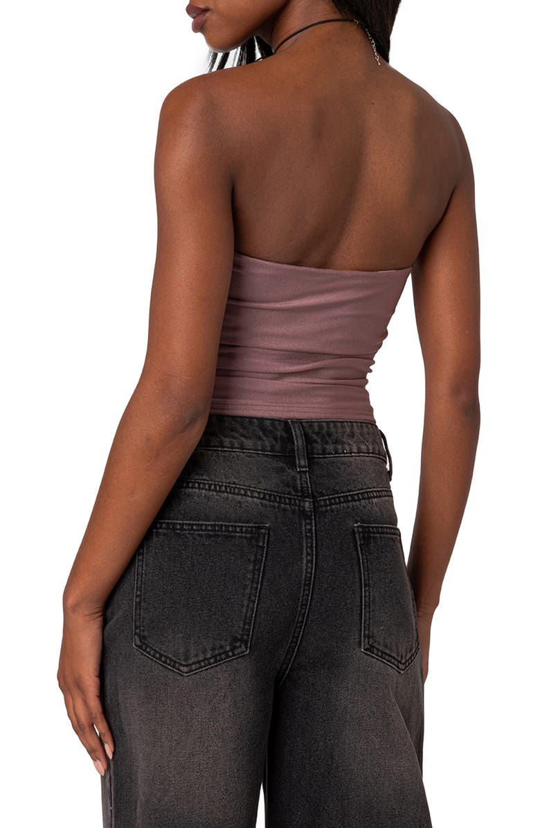 EDIKTED Maxeen Shiny Ruched Tube Top, Alternate, color, Mauve
