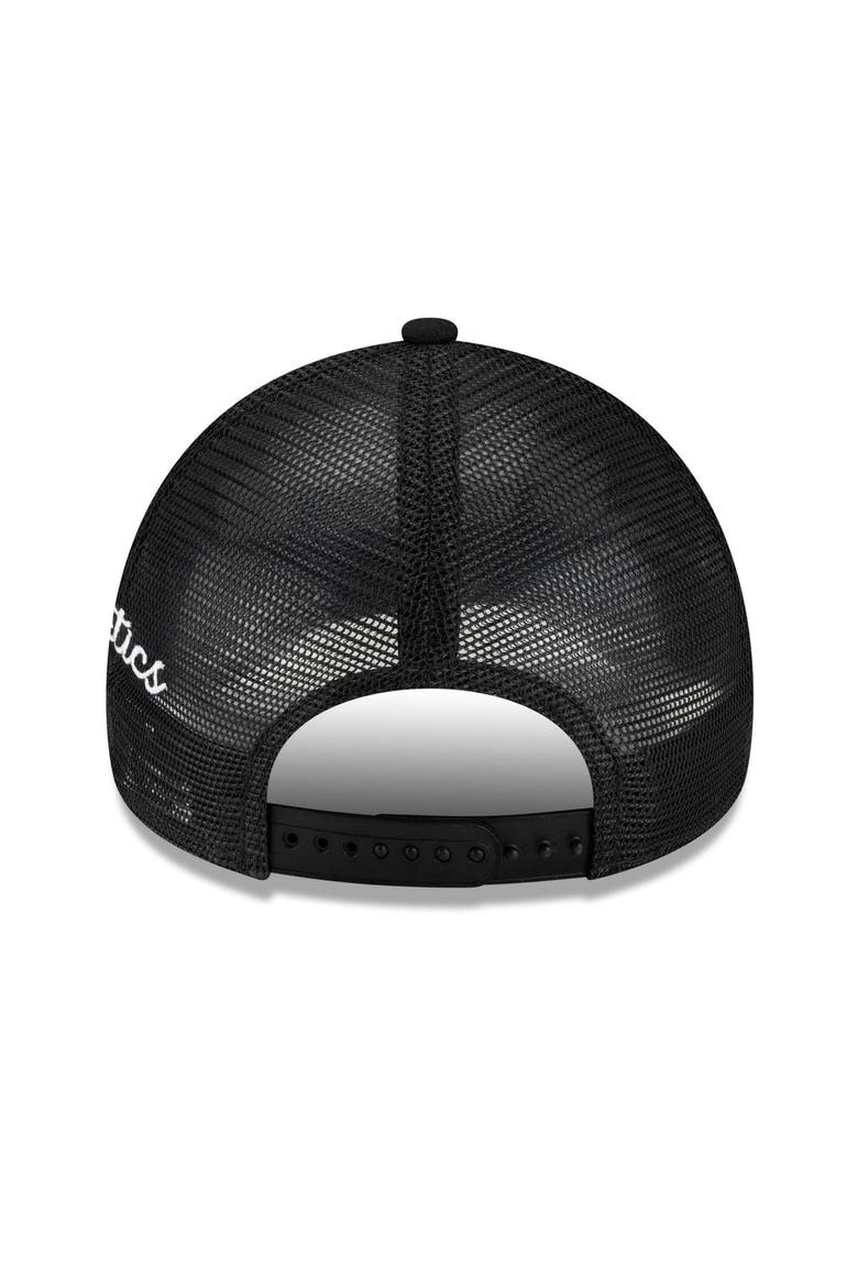 Men's New Era Black Athletics Side Script 9FORTY A-Frame Trucker Adjustable Hat, Alternate, color, Black