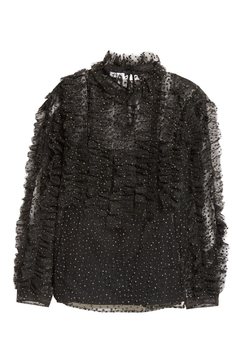 Embellished Sheer Ruffle Long Sleeve Tulle Top, Alternate, color, BLACK-GOLD
