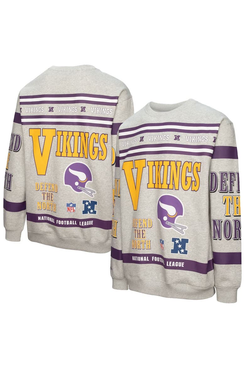 Men's Mitchell & Ness  Heather Gray Minnesota Vikings All Over Print Vintage Fleece Crewneck Sweatshirt, Main, color, Heather Gray