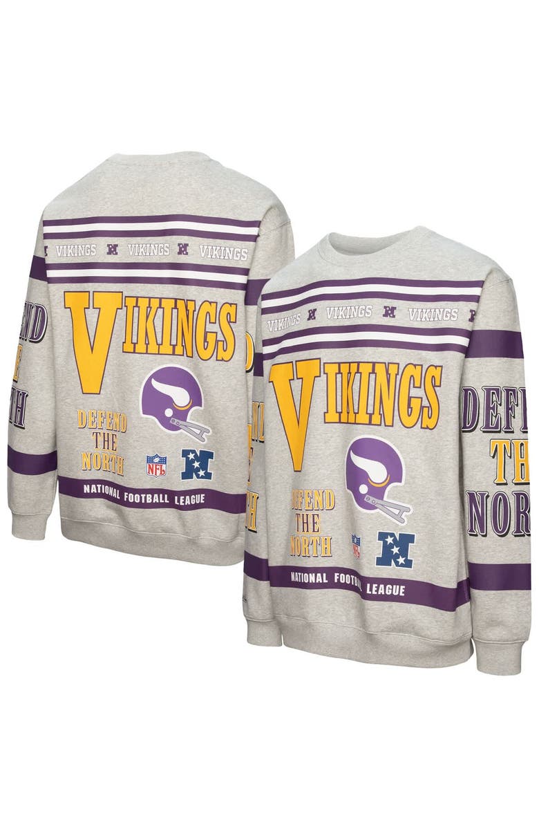 Mitchell & Ness Men's Mitchell & Ness Heather Gray Minnesota Vikings All Over Print Vintage Fleece Crewneck Sweatshirt, Main, color, Heather Gray