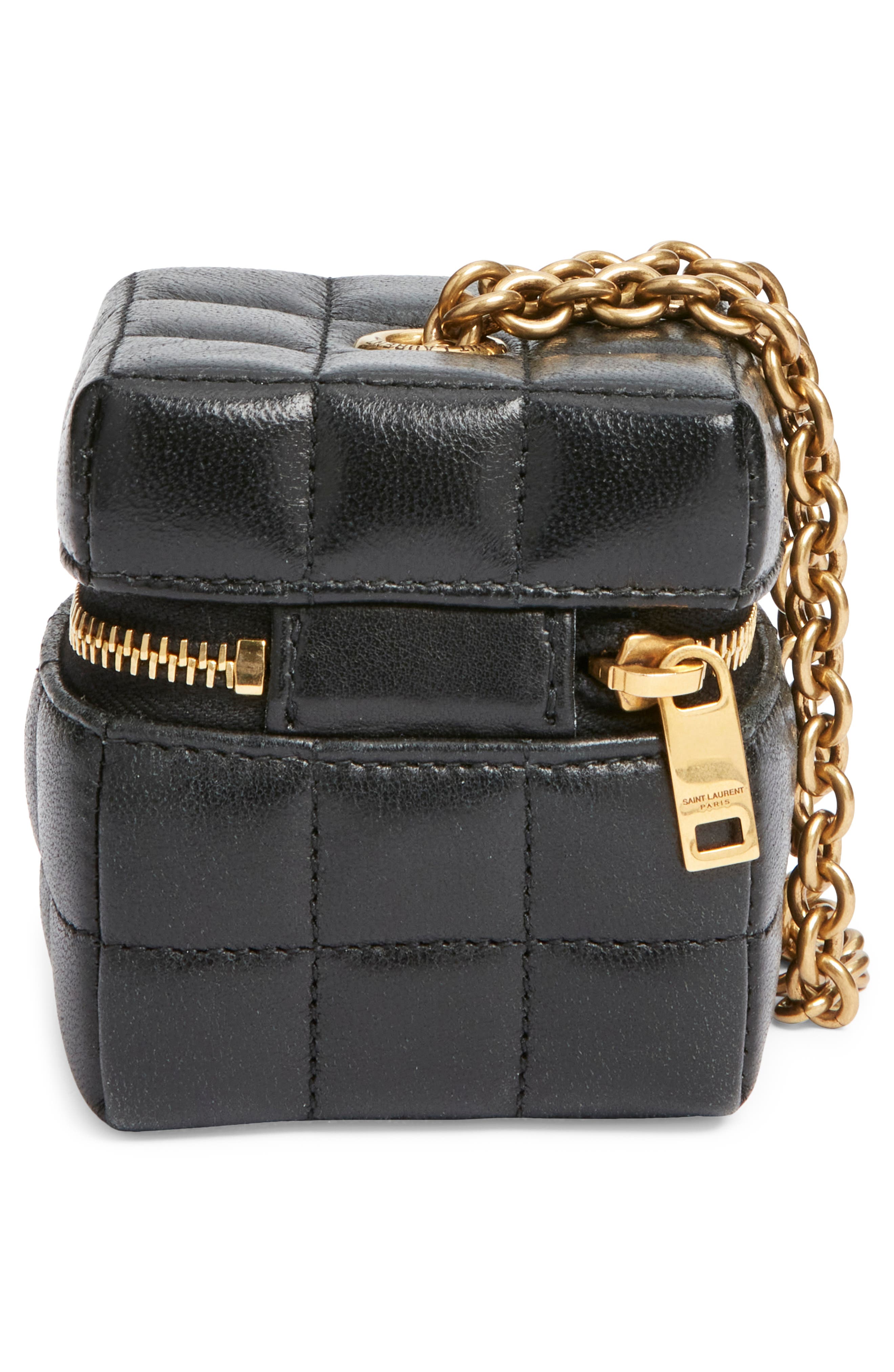 Saint Laurent Mini Cassandre Matelassé Carré Leather Wristlet, Alternate, color, Noir