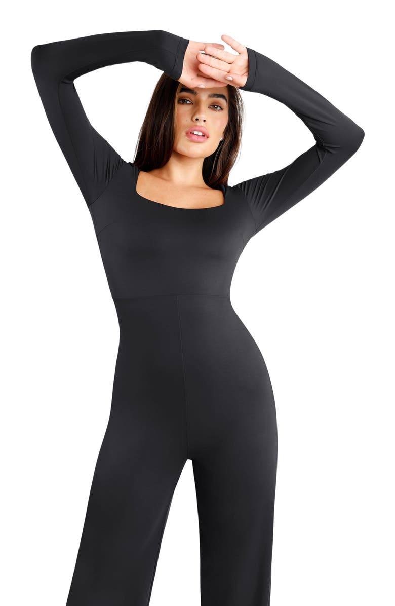 Popilush Shapewear Long Sleeve Square Neck Slimming Wide Leg Jumpsuit, Alternate, color, Midnight Black