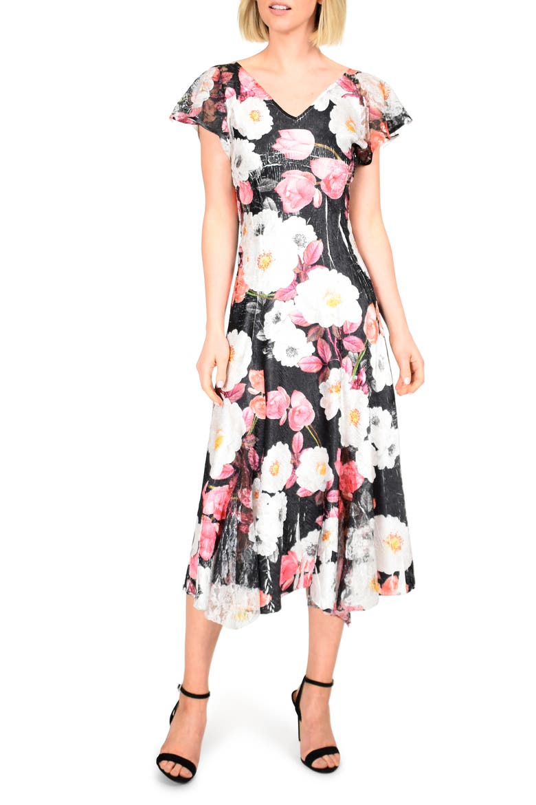 Floral Charmeuse & Lace Midi Dress, Main, color, BLOOMING CAMELLIA