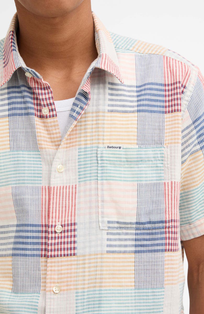 Barbour Oakshore Patchwork Print Short Sleeve Slub Cotton Button-Up Shirt, Alternate, color, Red