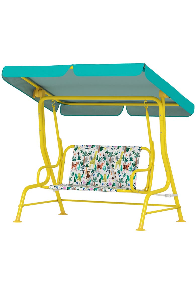 2-Seater Kids Porch Swing with Safety Belts and Adjustable Canopy, Main, color, Green